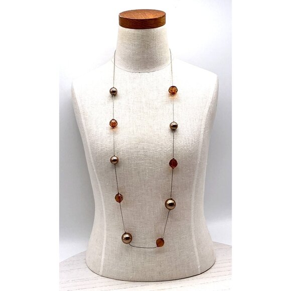 Bronze Tone Resin Pearl And Bead Long Floating Illusion Necklace Silver Chain - Picture 2 of 4